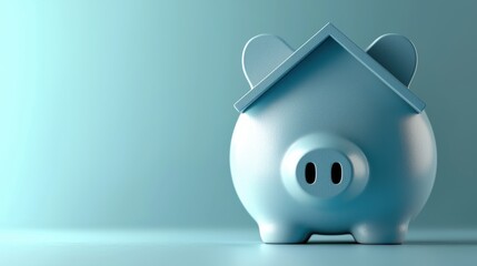 Financial wellness concept Blue piggy bank shaped like a house, symbolizing savings and home ownership.