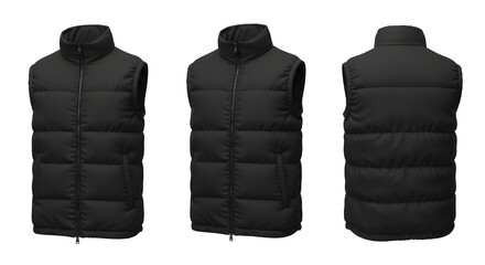 Black Puffer Vest Mockup - Front, Side, and Back Views
