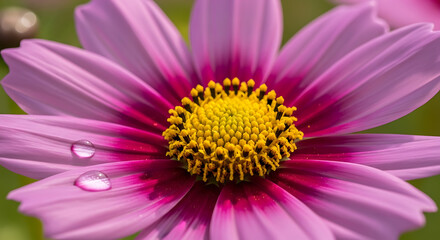 Close-up of a pink cosmos flower with a yellow center, showcasing water droplets on its petals against a blurred green background.