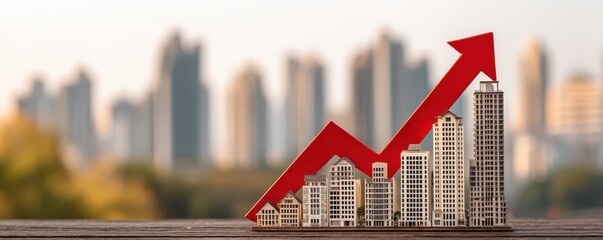 Financial wellness concept Graphical representation of urban growth with rising arrow and city buildings in the background.