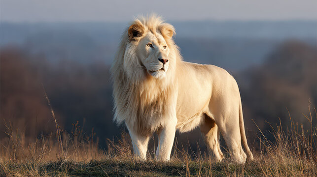 White Lion Standing Majestically in Field Soft Morning Light