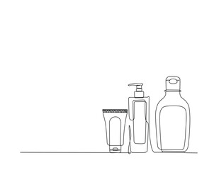 Cosmetic product outline drawing illustration. one continuous line drawing of skin care product bottle.