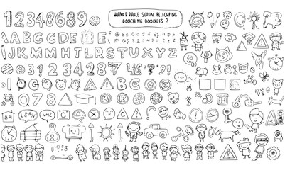 Whimsical Hand-Drawn Doodles Collection: A Fun Assortment of Numbers, Letters, Characters, and Objects