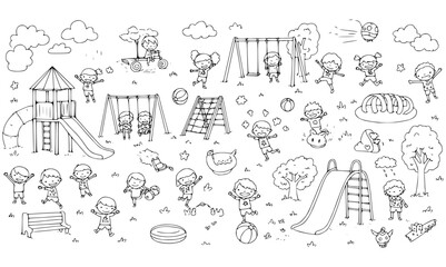 Obraz premium Happy children playing outdoors at a park, enjoying slides, swings, climbing frames, and various games, depicted in a detailed black and white outline drawing.