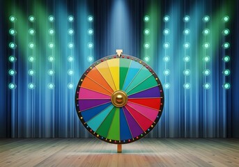 Colorful Wheel of Fortune on Stage with Spotlight and Blue Curtain Background