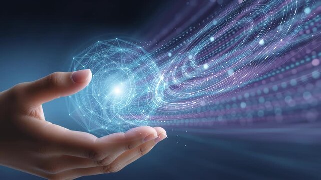 Futuristic Hand Holds Glowing Digital Sphere with Swirling Lines Symbolizing Advanced Technology and Communication Innovation