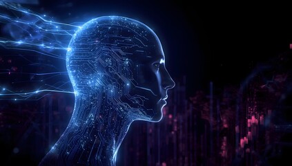 Futuristic glowing blue humanoid head with digital connections