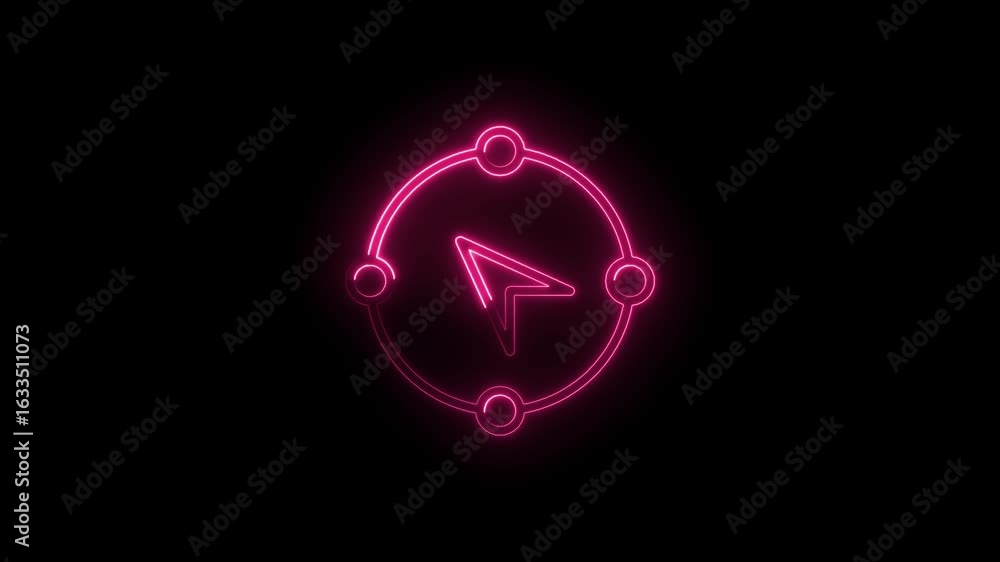 Poster vibrant pink neon navigation arrow icon with circular target and glowing dots on a transparent black