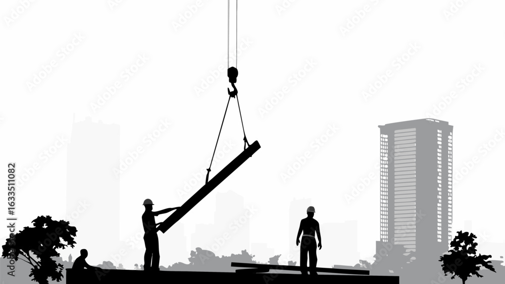 Poster silhouette of construction workers and crane lifting beam with building backdrop in monochrome view 