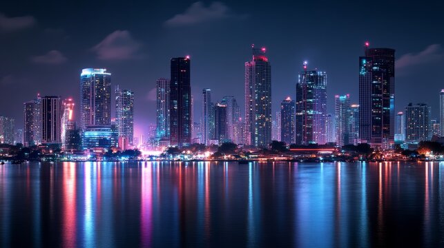 futuristic network and connection technology over bangkok business center skyline at night with glowing energy light trails and wireless communication infographic elements depicting modern smart city  - Powered by Adobe