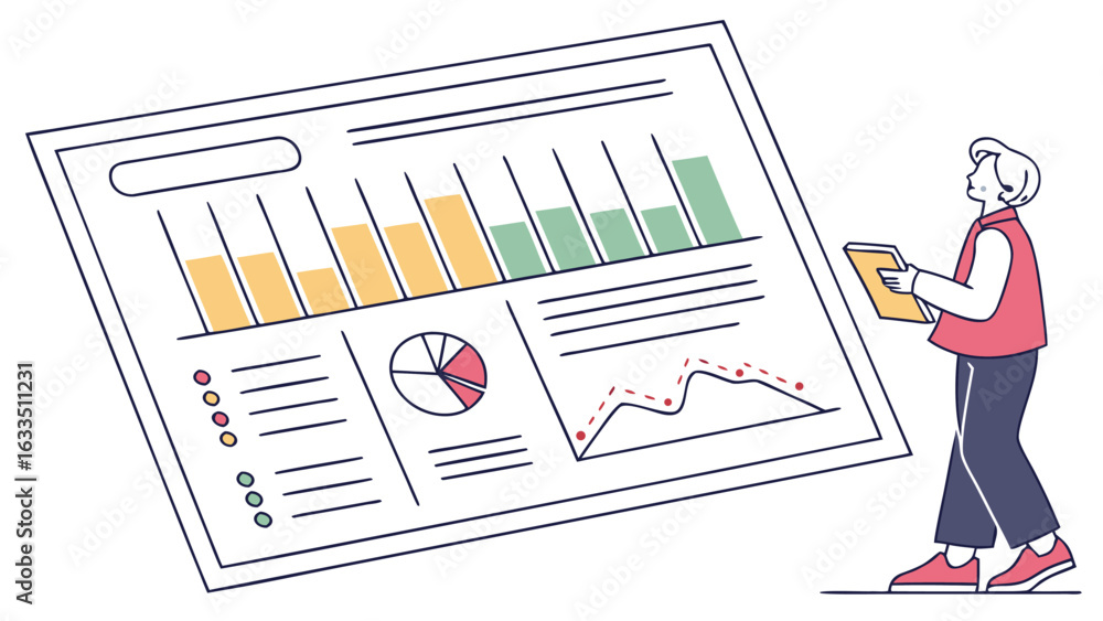 Poster business professional analyzes financial data and charts on a large report holding a tablet to revie