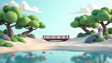 A peaceful low poly Japanese zen garden with raked sand patterns, bonsai trees, stone lanterns, koi pond, and minimalistic wooden bridge

