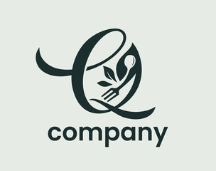Letter Q Food Nature Leaf, Culinary Spoon Fork Logo Design