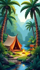 A low poly survival scene in a jungle with palm trees, wild plants, a tent, campfire, water stream, and a stone axe lying nearby

