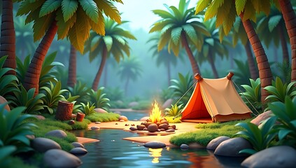 A low poly survival scene in a jungle with palm trees, wild plants, a tent, campfire, water stream, and a stone axe lying nearby

