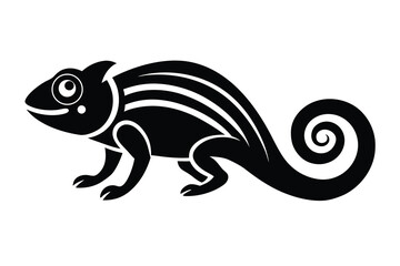 Black Silhouette of a Chameleon with Striped Body and Curled Tail Illustration on White Background