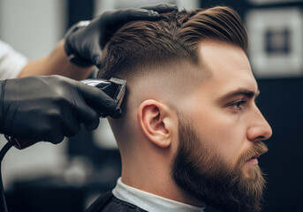 Fototapeta premium Barber giving a man a modern fade haircut with clippers