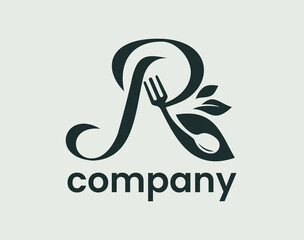 Letter R Food Nature Leaf, Culinary Spoon Fork Logo Design