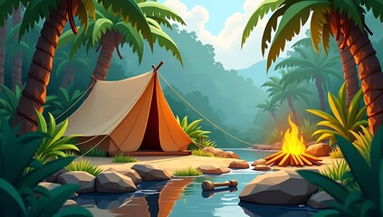 A low poly survival scene in a jungle with palm trees, wild plants, a tent, campfire, water stream, and a stone axe lying nearby

