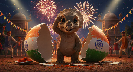 Adorable baby Triceratops hatching from an egg painted with Indian flag colors during a vibrant night festival with fireworks, traditional dancing, glowing lamps, and joyful celebration in 3D art