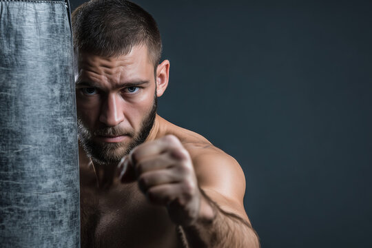 Focused male fighter practices punching technique by striking a heavy bag in a dimly lit training space, showcasing determination and strength