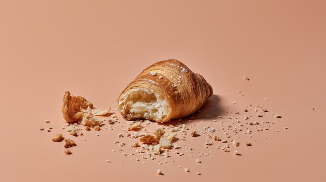 Freshly baked croissant with a bite taken out showcasing flaky layers and crumbs against a soft pastel background in a minimalistic composition