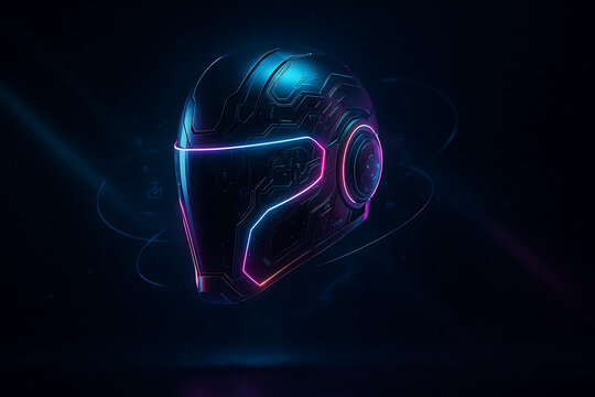 Futuristic neon lit motorcycle helmet with sleek aerodynamic design, glowing visor edge illuminated in blue and pink light, high tech cyberpunk style protective gear, advanced digital interface integr