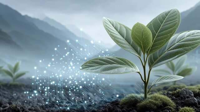 Fusion of Nature and Technology Young Plant with Digital Elements in Serene and Misty Mountain Landscapes, Symbolizing Growth and Innovation