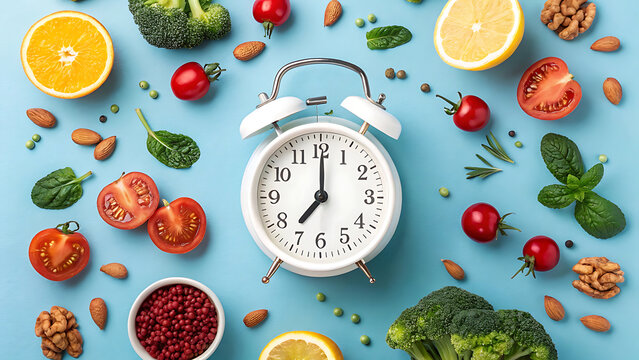 Healthy eating time concept: clock surrounded by fresh fruits, vegetables and nuts