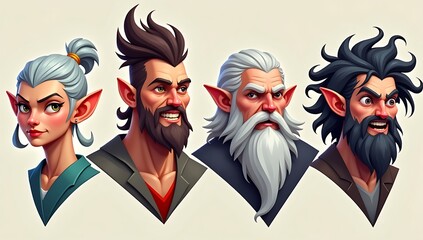 Low poly fantasy character heads including elf, warrior, mage, and rogue with exaggerated features, stylized hair, and emotionless game expressions

