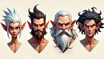 Low poly fantasy character heads including elf, warrior, mage, and rogue with exaggerated features, stylized hair, and emotionless game expressions

