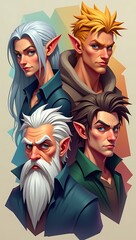 Low poly fantasy character heads including elf, warrior, mage, and rogue with exaggerated features, stylized hair, and emotionless game expressions

