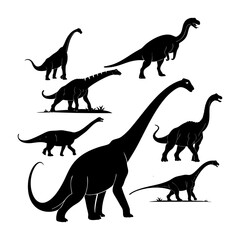 Silhouette Set of Various Sauropod Argentinosaurus Dinosaurs Against a White Background