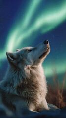 Wolf Gazing at the Aurora Borealis Dramatic Light