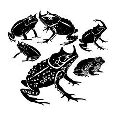 Collection of Stylized Argentine Horned Frog Illustrations in Black Silhouette Design