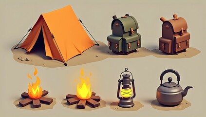 A stylized low poly camping equipment set including a tent, campfire, backpack, lantern, and kettle designed for outdoor survival games

