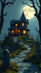 A spooky low poly haunted house on a hill, with crooked fences, glowing windows, leafless trees, gravestones, and a full moon in the background

