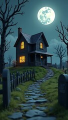 A spooky low poly haunted house on a hill, with crooked fences, glowing windows, leafless trees, gravestones, and a full moon in the background

