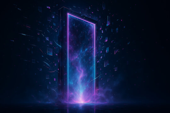 Futuristic glowing neon portal doorway with luminous particles, sci fi digital gateway emitting vibrant purple and blue light, abstract technology concept of dimensional door to virtual reality world,