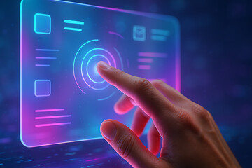 Futuristic hand touching holographic touchscreen interface with glowing neon UI elements, digital technology concept of interactive virtual control panel, 3D rendering of cyber user interface with vib