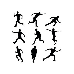 Nine black silhouettes of men running in various dynamic poses runner athletic