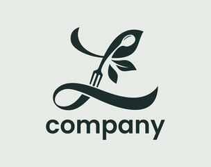 Letter L Food Nature Leaf, Culinary Spoon Fork Logo Design