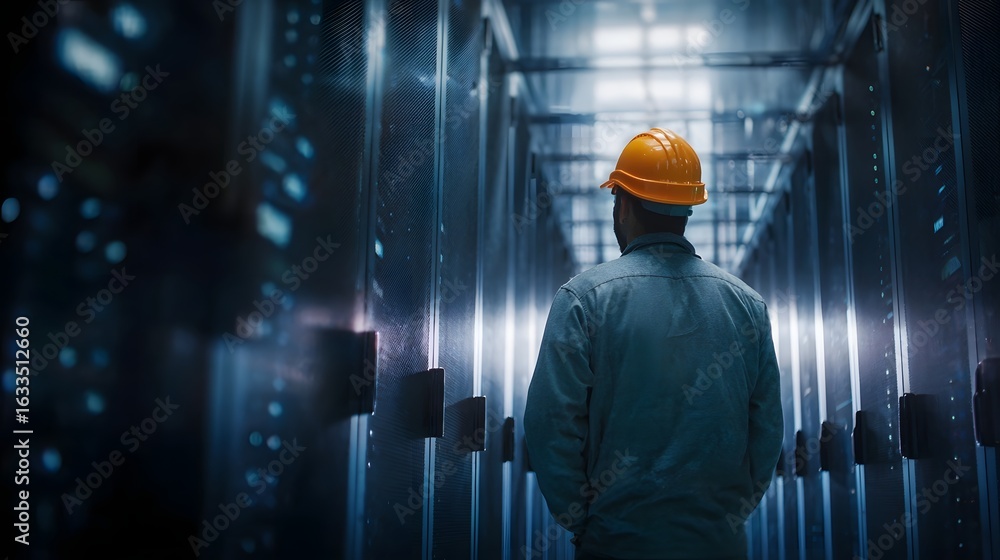 Aufkleber engineer inspecting advanced server room with precise lighting and technology