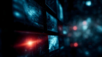 Futuristic digital interface with holographic screens and high tech lighting