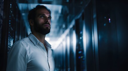 Engineer inspecting advanced server room infrastructure