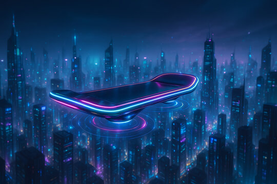Futuristic neon hoverboard flying above cyber city skyline, glowing sci fi transportation in high tech urban environment, 3D rendering of luminous hover vehicle over digital metropolis, abstract cyber