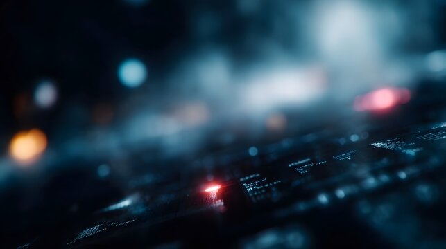 Futuristic digital interface with holographic screens and high tech lighting