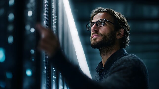 Engineer inspecting advanced server room with intricate lighting setup