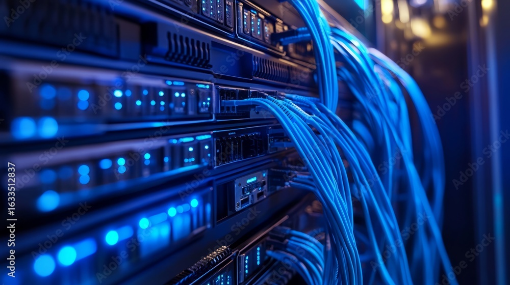 Poster close up of network server with connected ethernet cables in data center, high speed internet infras