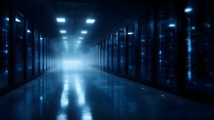 Futuristic data center with glowing blue server racks